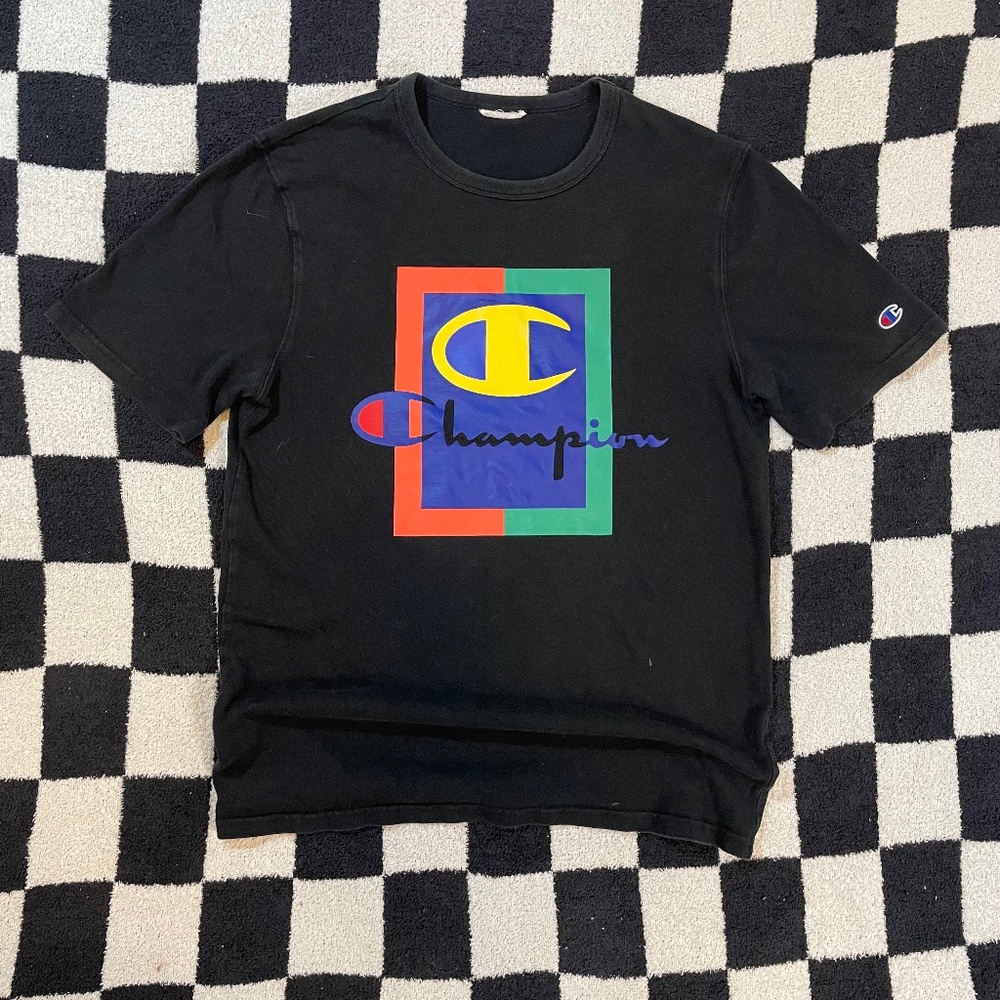 champion shirt medium heritage black logo cross retro tag block graphic